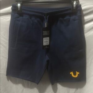 True Religion Dark Blue Athletic Shorts with Yellow Emblem